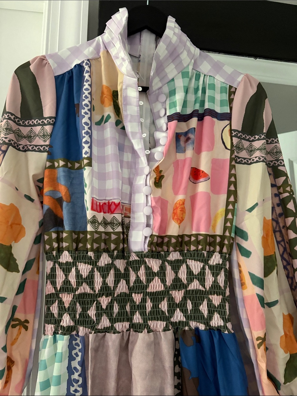 Multicolor Patchwork Midi Dress with Ruffle Collar - Picture 2 of 5